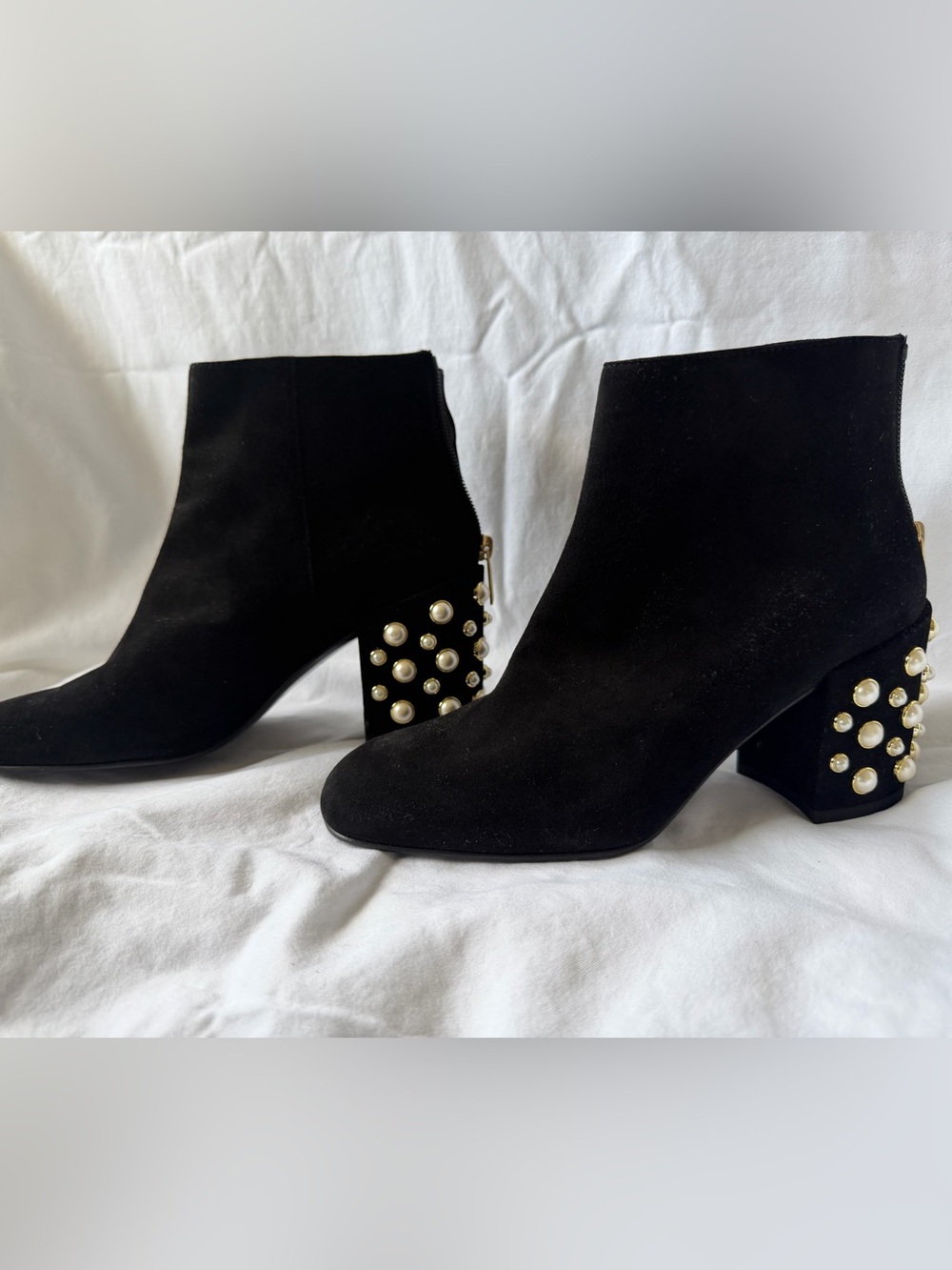 Stuart Weitzman Black Suede Ankle Boots with Pearl-Studded Block Heels